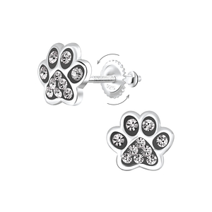 Wholesale Silver Paw Print Crystal Screw Back Earrings