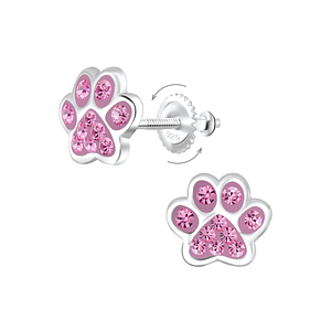 Wholesale Silver Paw Print Crystal Screw Back Earrings