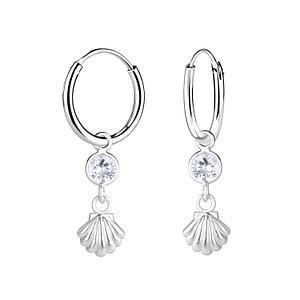 Wholesale Silver Shell with Cubic Zirconia Charm Hoop Earrings