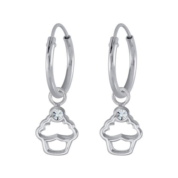 Wholesale Silver Cupcake Crystal Charm Hoop Earrings