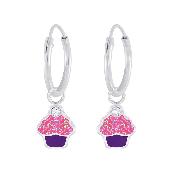 Wholesale Silver Cupcake Crystal Charm Hoop Earrings