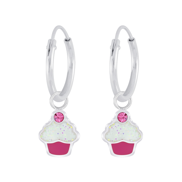 Wholesale Silver Cupcake Crystal Charm Hoop Earrings