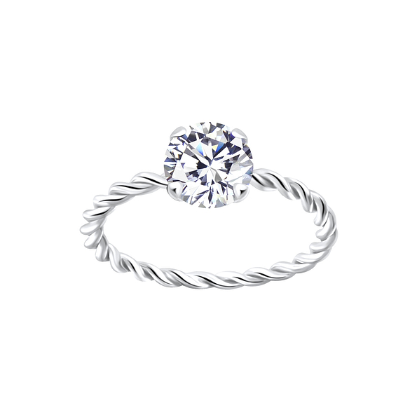 Wholesale 6mm Round Cubic Zirconia Silver Twisted Band Solitaire Ring