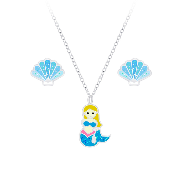 Wholesale Silver Mermaid Necklace and Shell Stud Earrings Set