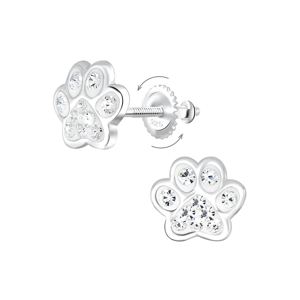 Wholesale Silver Paw Print Crystal Screw Back Earrings