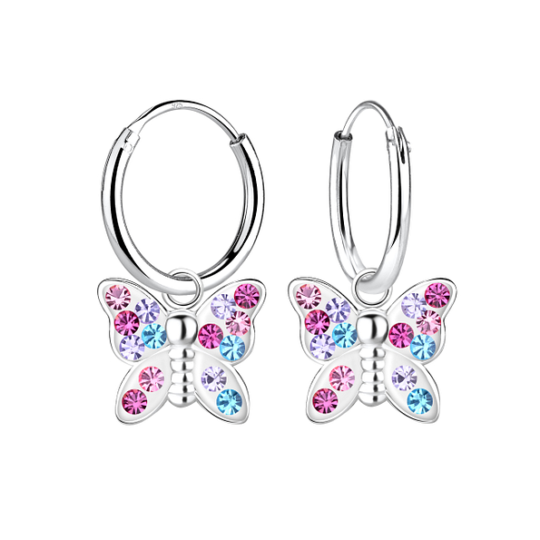 Wholesale Silver Butterfly Crystal Charm Hoop Earrings