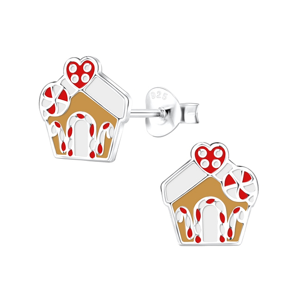 Wholesale Silver Gingerbread House Stud Earrings