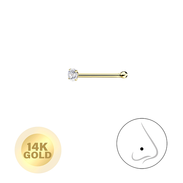 Wholesale 14K Solid Gold - 1.5mm Round Cubic Zirconia Nose Stud With Ball