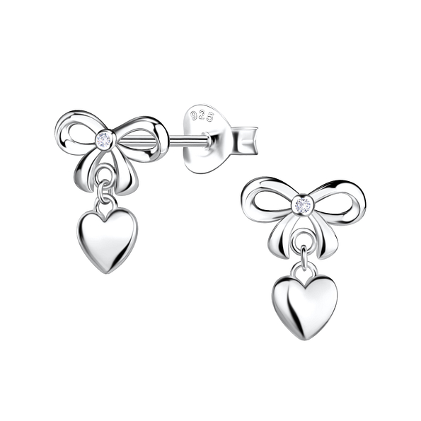 Wholesale Silver Bow Stud Earrings with Hanging Heart