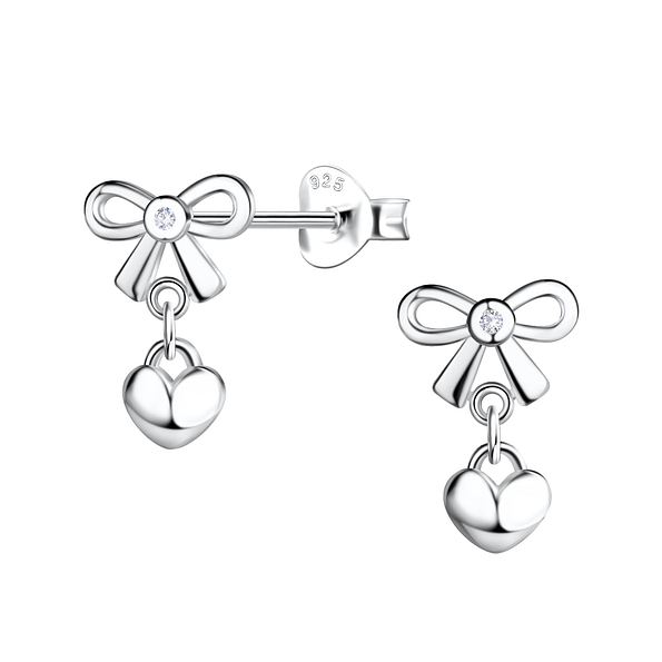 Wholesale Silver Bow Stud Earrings with Hanging Heart