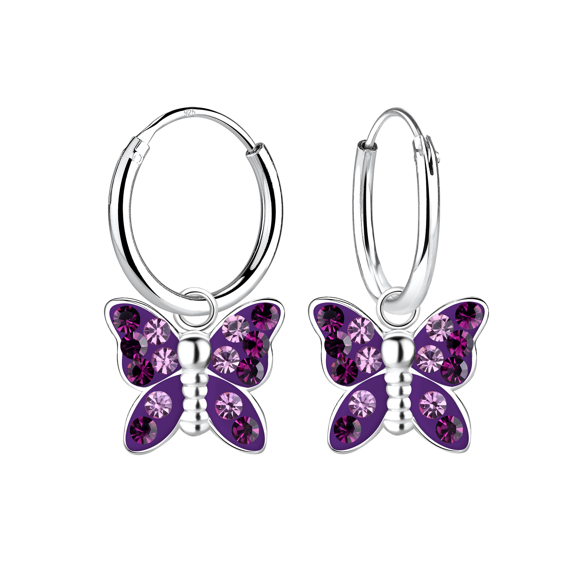 925 Silver Jewelry | Silver Butterfly Crystal Charm Hoop Earrings - 10679