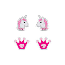 Wholesale Silver Unicorn and Crown Stud Earrings Set