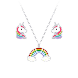 Wholesale Silver Rainbow Necklace and Unicorn Stud Earrings Set