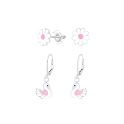 Wholesale Silver Flower and Swan Earrings Set