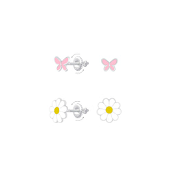 Wholesale Silver Butterfly and Flower Screw Back Earrings Set