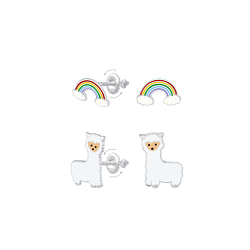 Wholesale Silver Rainbow and Alpaca Screw Back Earrings Set