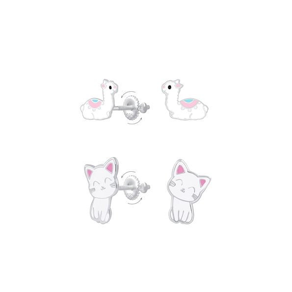 Wholesale Silver Alpaca and Cat Screw Back Earrings Set