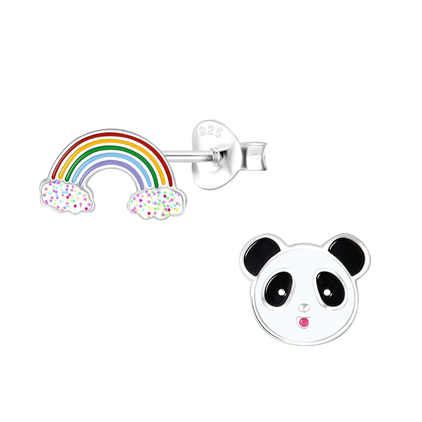 Wholesale Silver Rainbow and Panda Stud Earrings