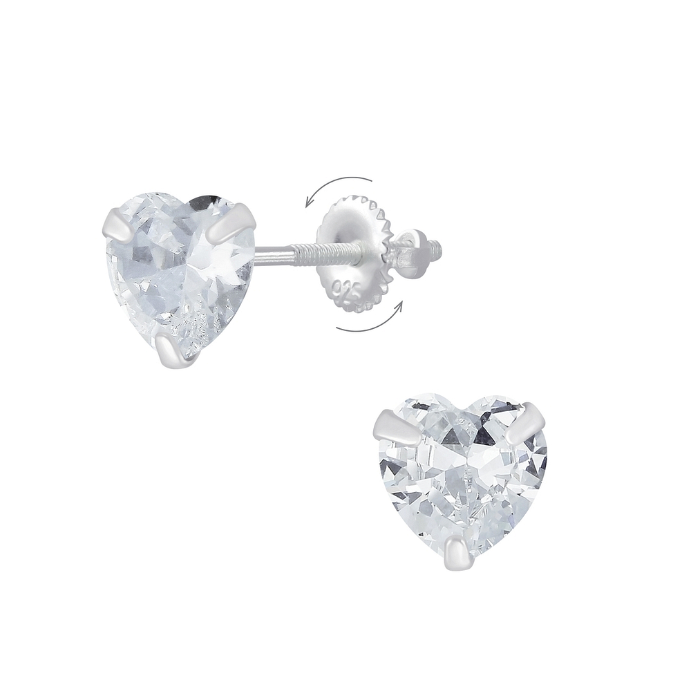 Wholesale 6mm Heart Cubic Zirconia Silver Screw Back Earrings