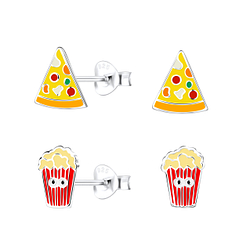 Wholesale Silver Pizza and Popcorn Stud Earrings Set