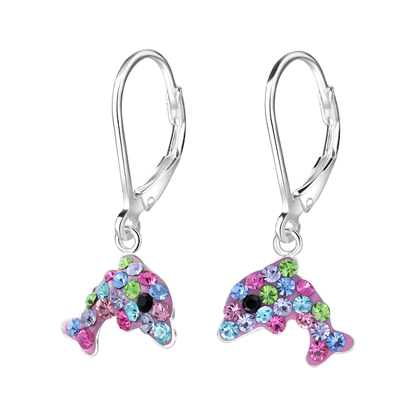 Wholesale Silver Dolphin Crystal Lever Back Earrings