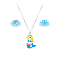 Wholesale Silver Mermaid Necklace and Shell Stud Earrings Set