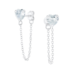 Wholesale 6mm Heart Cubic Zirconia Sliver Stud Earrings with Chain