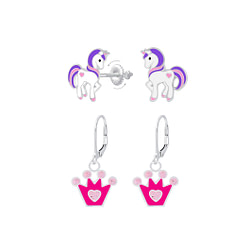 Wholesale Silver Unicorn and Crown Earrings Set