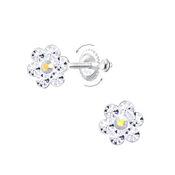 Wholesale Silver Flower Crystal Screw Back Earrings
